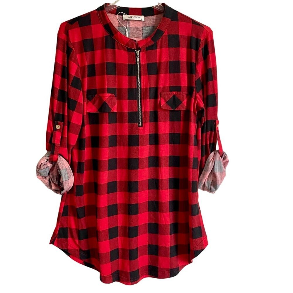JCZHWQU Women's Red Black Plaid Flannel Top With Zipper Closure XL